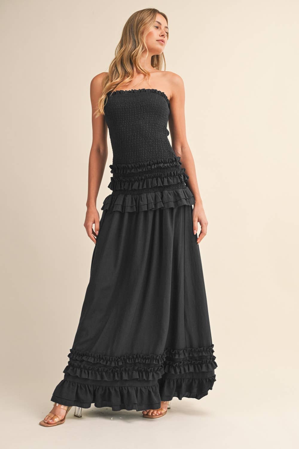RUFFLED SMOCKED LOW WAIST MAXI DRESS