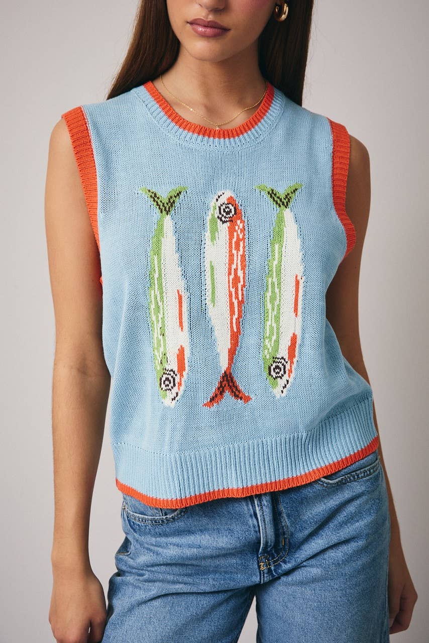 ROUND NECK 'FISH' GRAPHIC SWEATER VEST