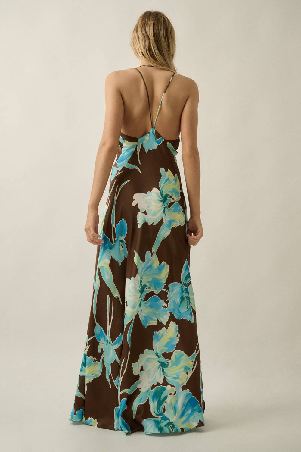 Satin Open-Back Halter Maxi Dress