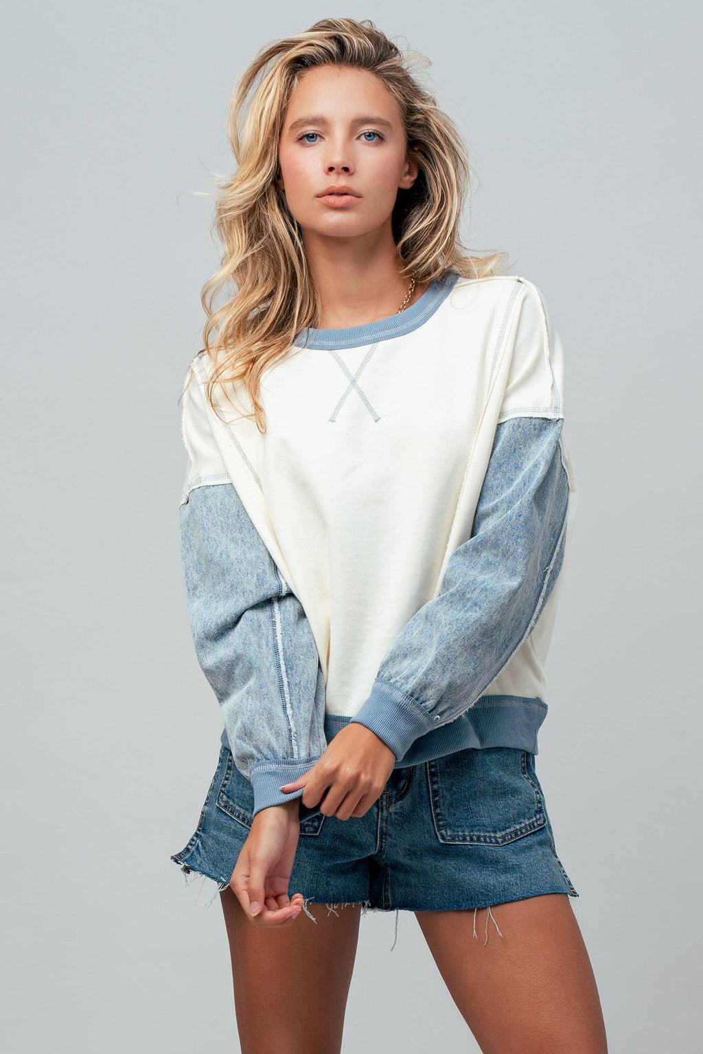 Contrast Denim Sleeve Mixed Media Pullover