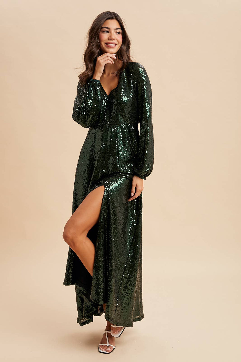SEQUIN V NECK MAXI DRESS