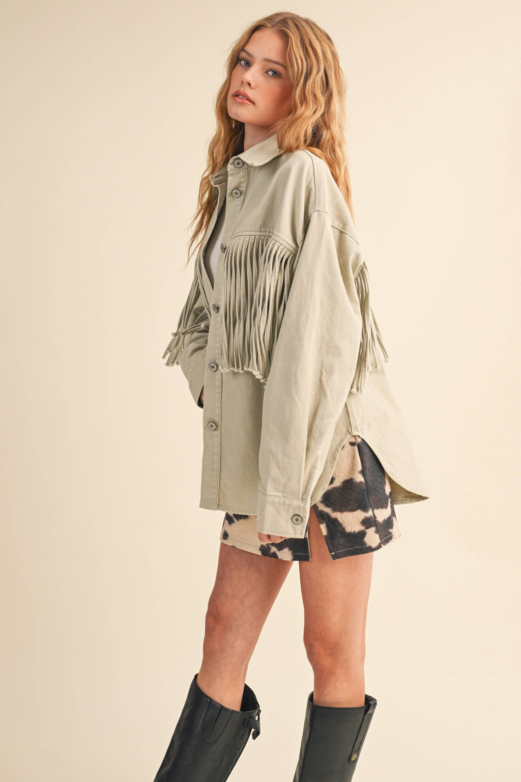 FRINGE DENIM BUTTON DOWN JACKET
