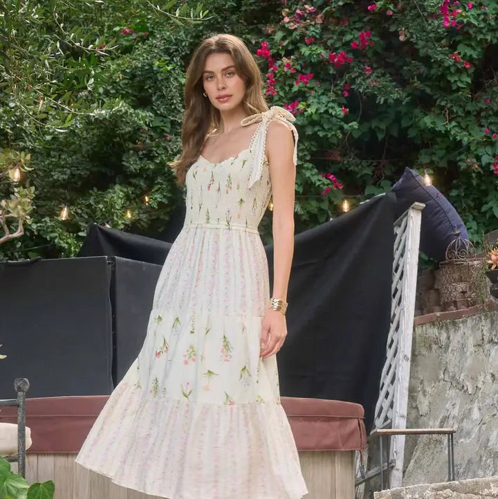 Moon River Mixed Floral Smocked Midi Dress