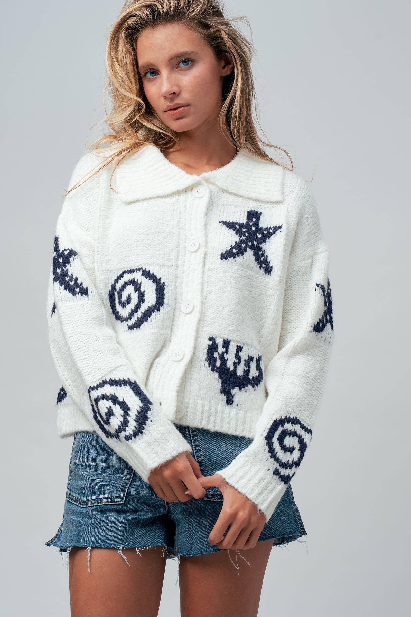 Nautical Sea Life Motif Collared Cardigan