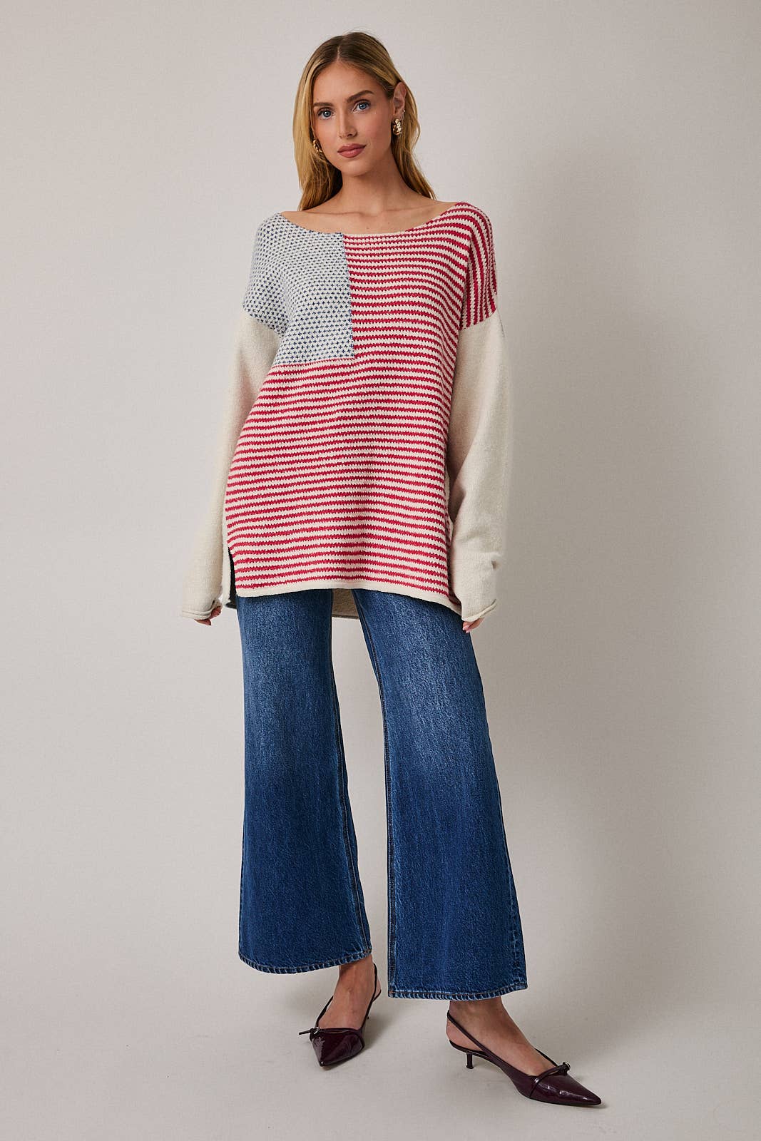 BOAT NECK LONG SLEEVE OVERSIZE FLAG SWEATER