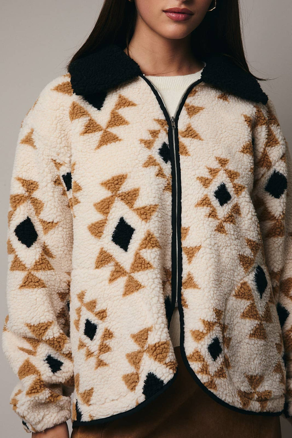 LONG SLEEVE PRINT SHERPA ZIP UP JACKET