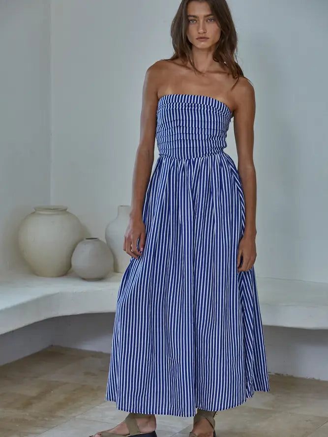 Striped Tube Neck Strapless Flare Maxi Dress