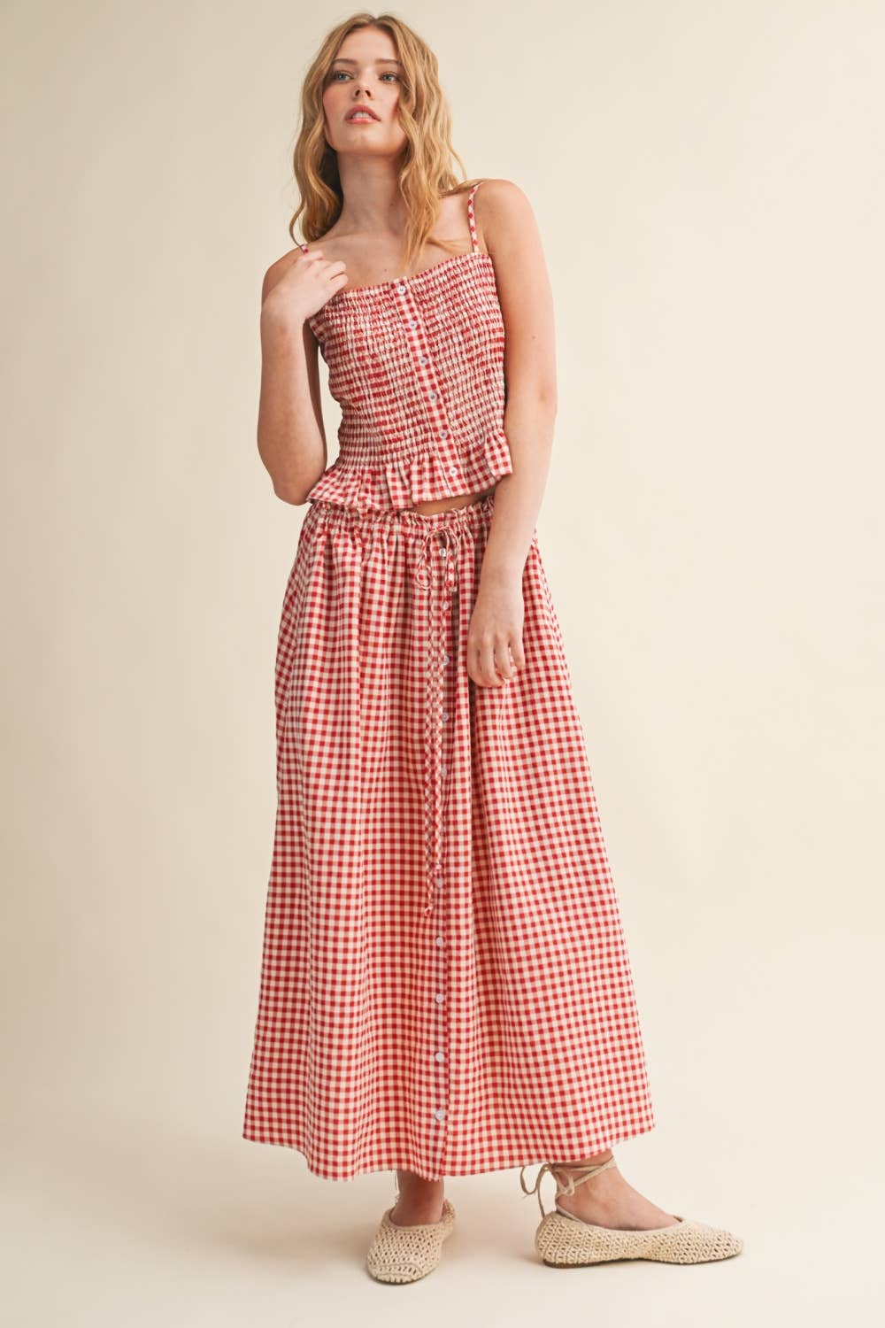 GINGHAM PATTERN BUTTON FRONT LONG SKIRT