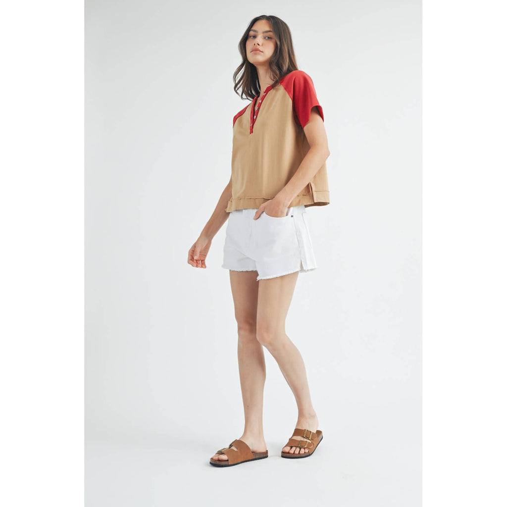 SHORT SLEEVE CONTRAST KNIT TOP / WL24-9494