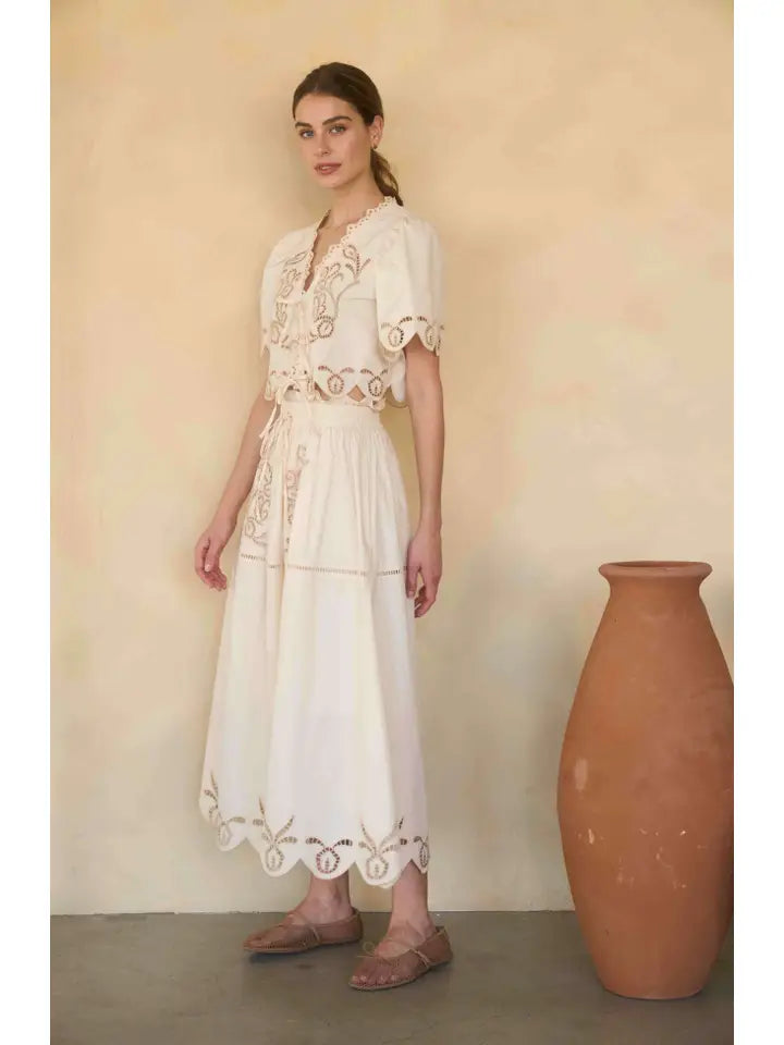 Short Sleeve Eyelet Detail Top W/ Front Tie