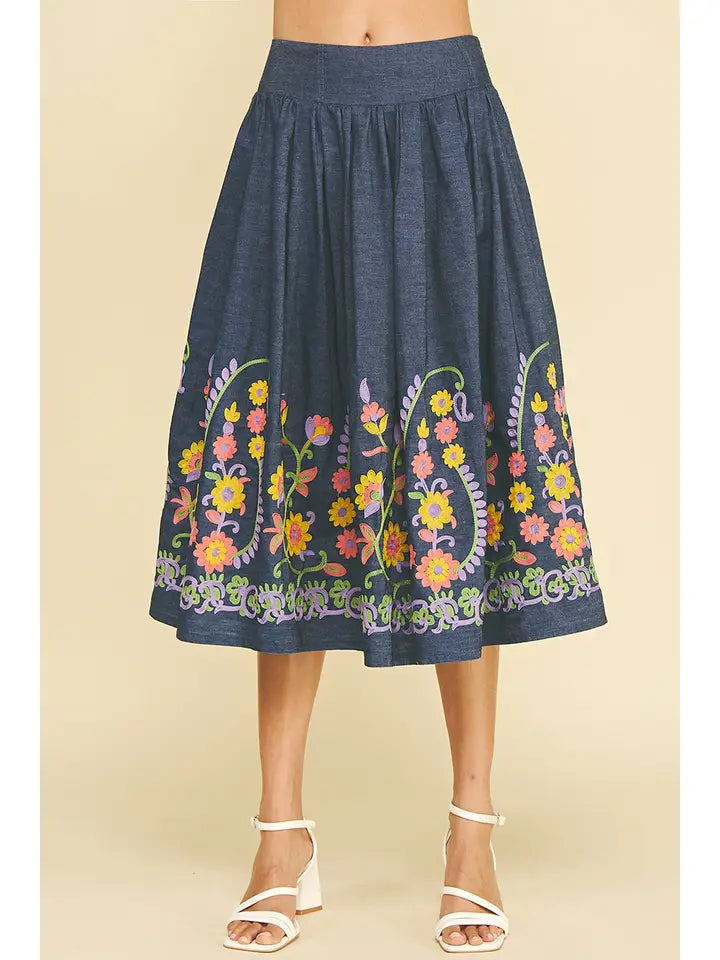 FLARED DENIM SKIRT WITH FLORAL EMBROIDERY