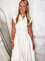 BUTTON DOWN TIERED MIDI DRESS- WHITE