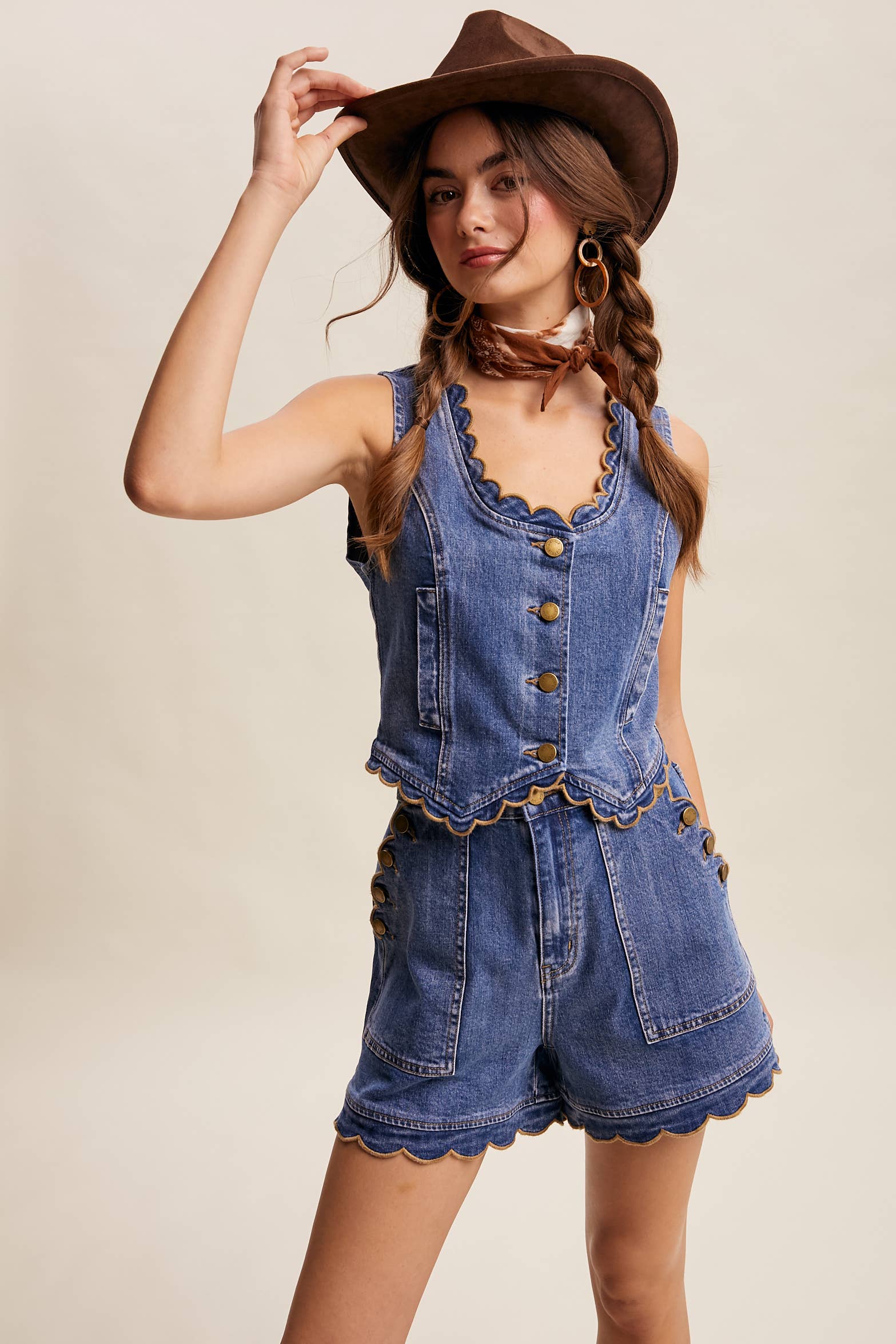 Scallop Trim Stretch Denim Vest
