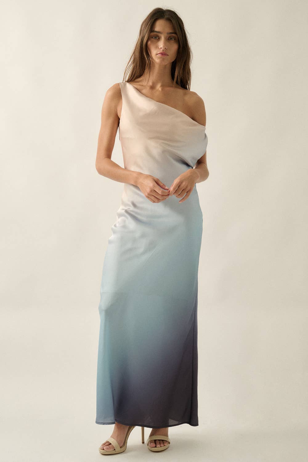 Ombre Satin Bias-Cut Sleeveless Cowl-Neck Maxi Dress
