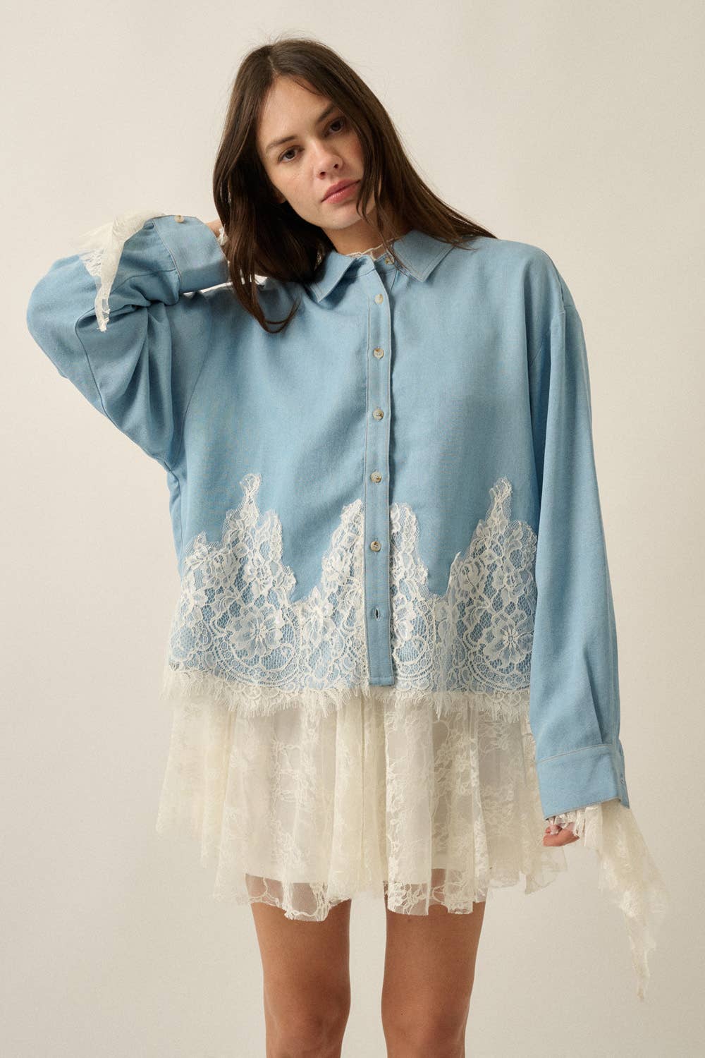 Tencel Lace Appliqué Loose-Fit Button-Up Shirt
