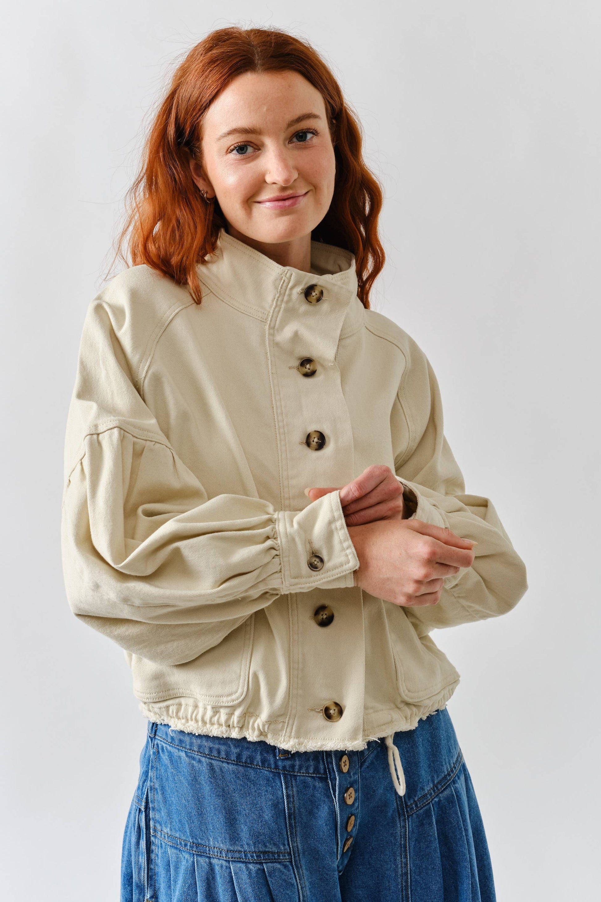 MAJ3306 BALLON SLEEVE TWILL JACKET DRAWSTING WAIST