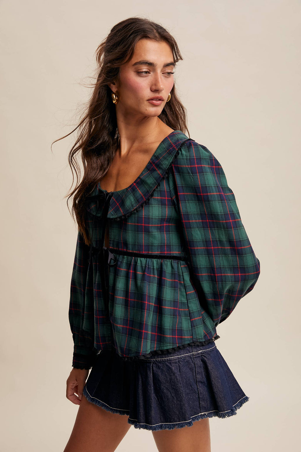 Plaid Velvet Trim Holiday Blouse LT1446