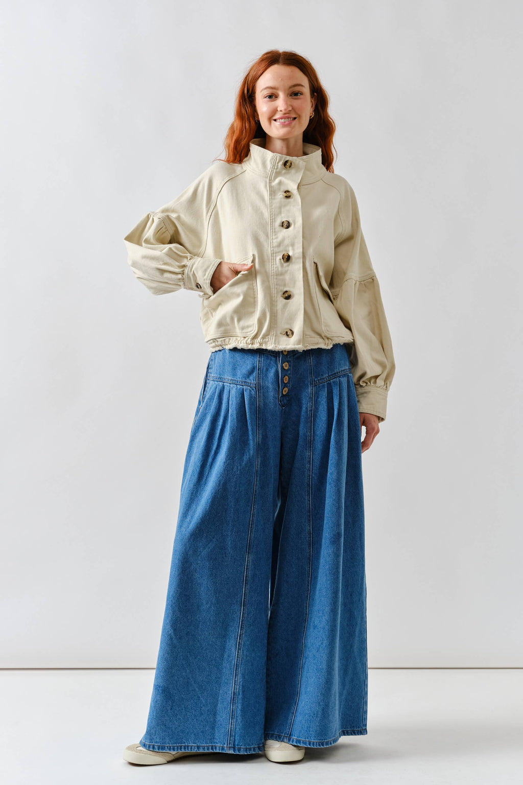 MAJ3306 BALLON SLEEVE TWILL JACKET DRAWSTING WAIST