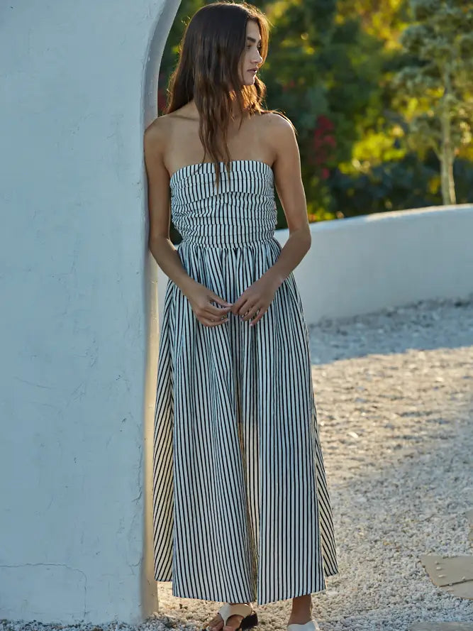 Striped Tube Neck Strapless Flare Maxi Dress