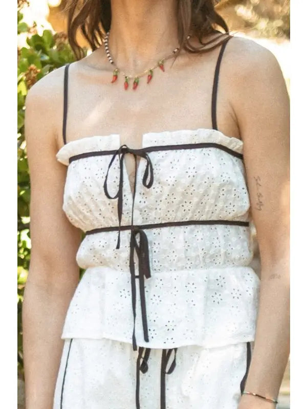 Illa Illa Eyelet Contrast Binding Top - Off White Square Neck Tank
