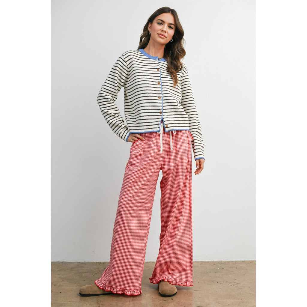 Gingham Ruffle Hem Cropped Pants