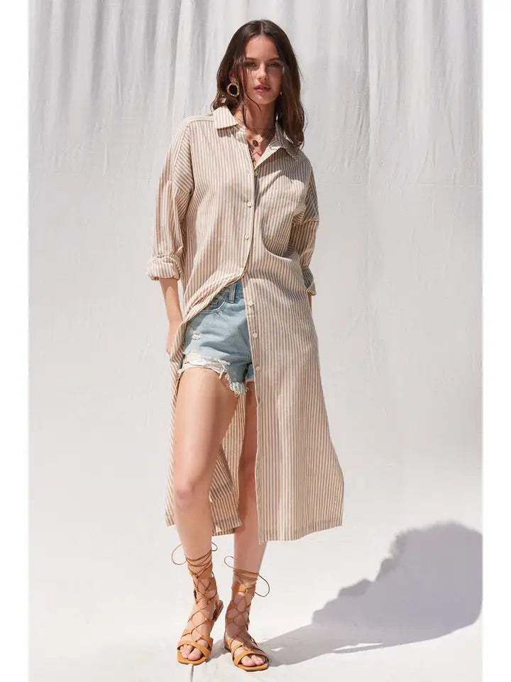 STRIPE MIDI SHIRT MIDI DRESS- TAUPE