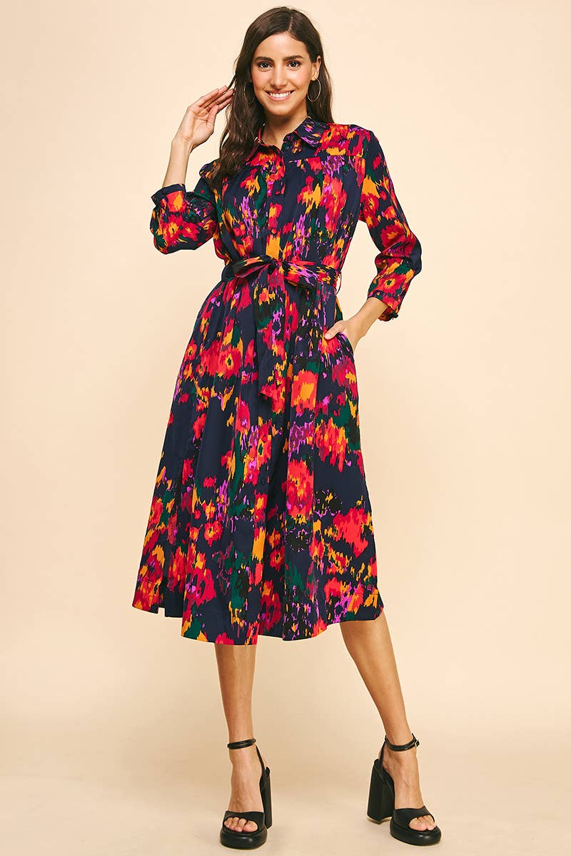 BUTTON DOWN MIDI DRESS - INK MULTI