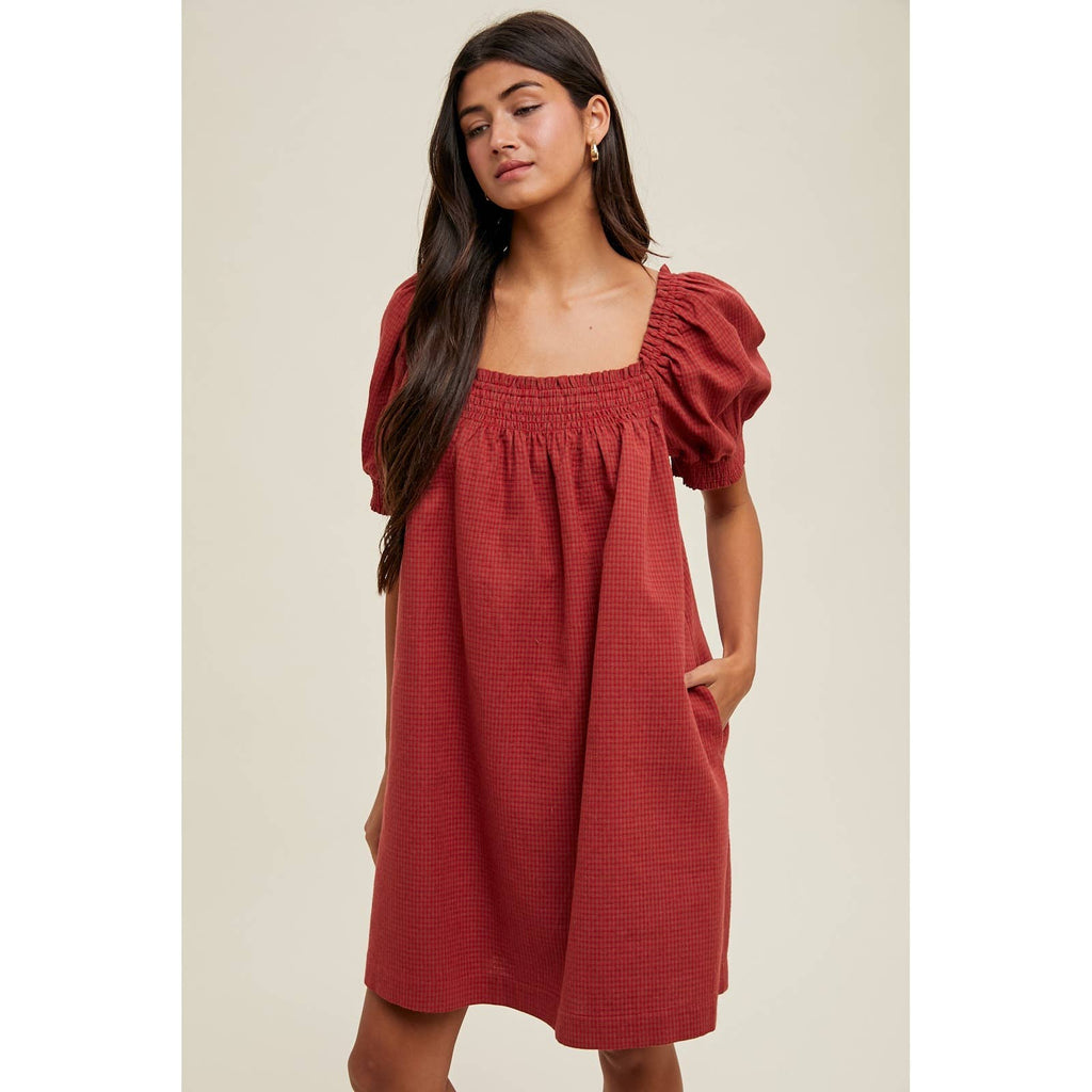 PLAID PUFF SLEEVE MINI DRESS / WL25-11115