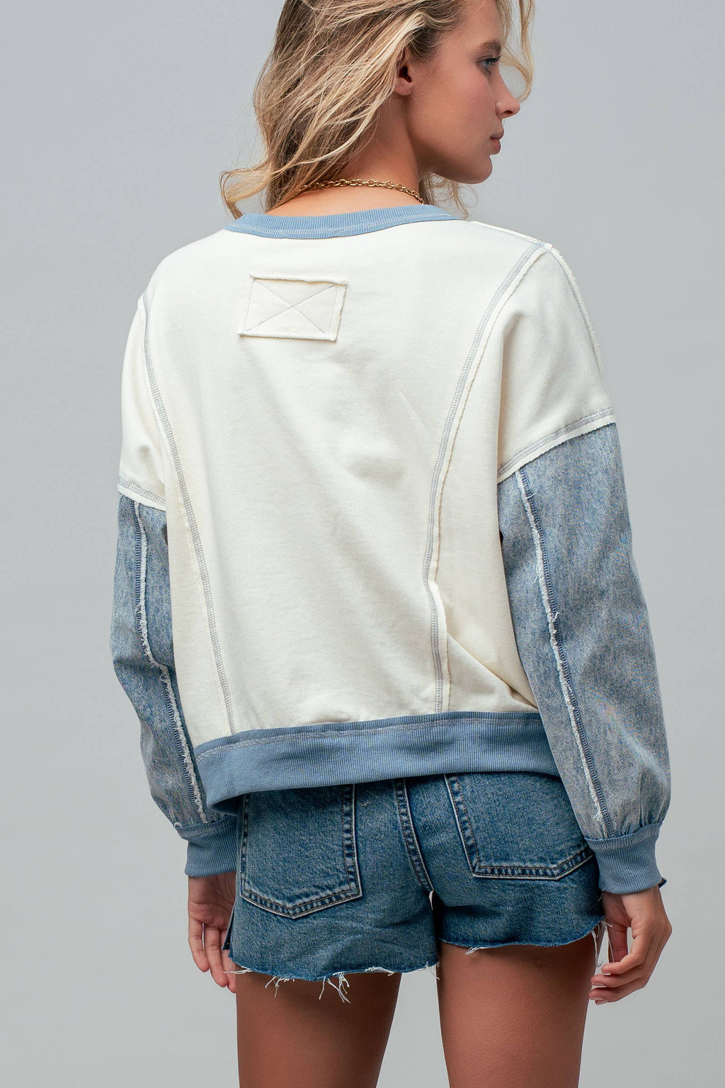 Contrast Denim Sleeve Mixed Media Pullover