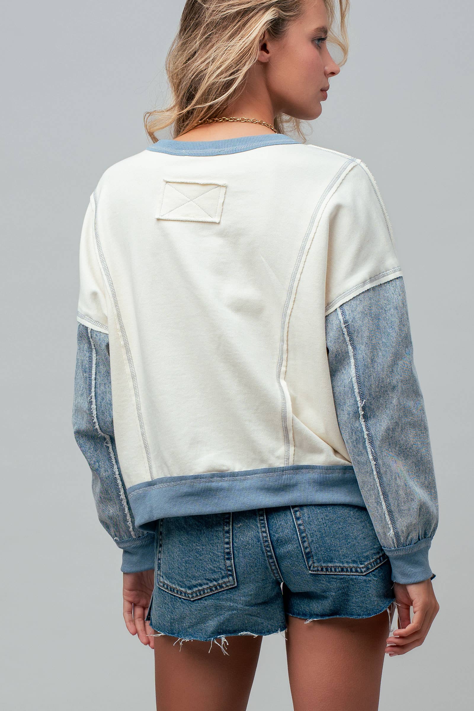 Contrast Denim Sleeve Mixed Media Pullover