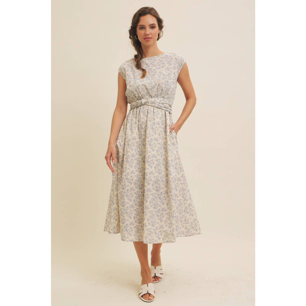 BOAT NECK PLEATED SLEEVELESS FLORAL MIDI DRESS