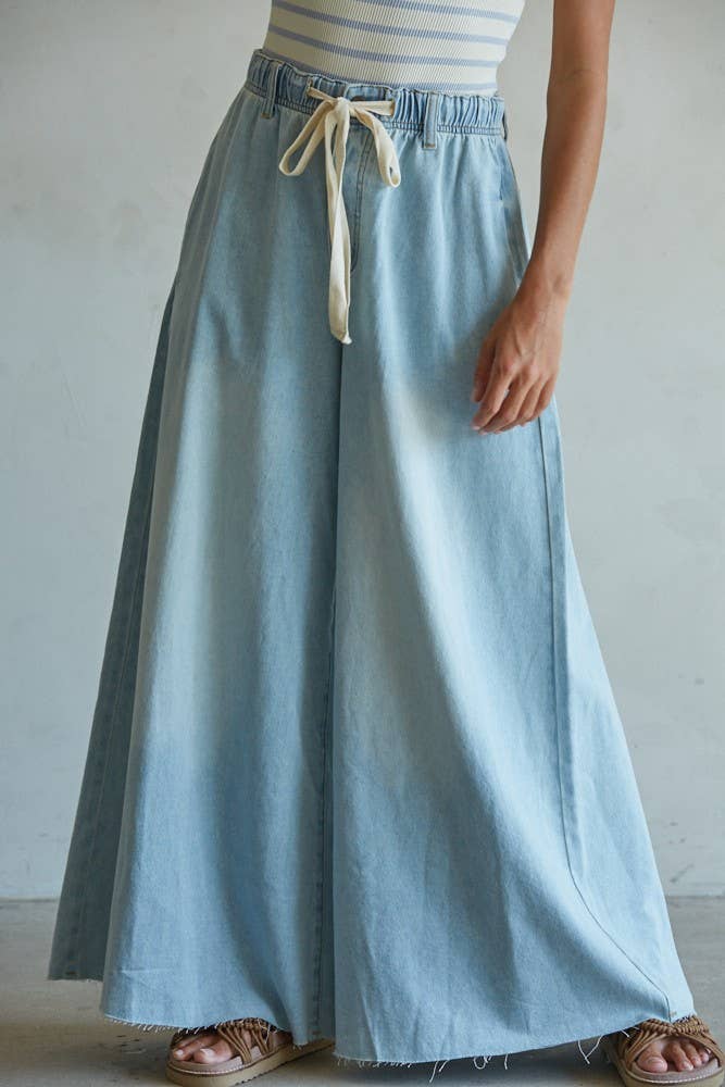 Denim Drawstring Waist Band Wide Leg Pants