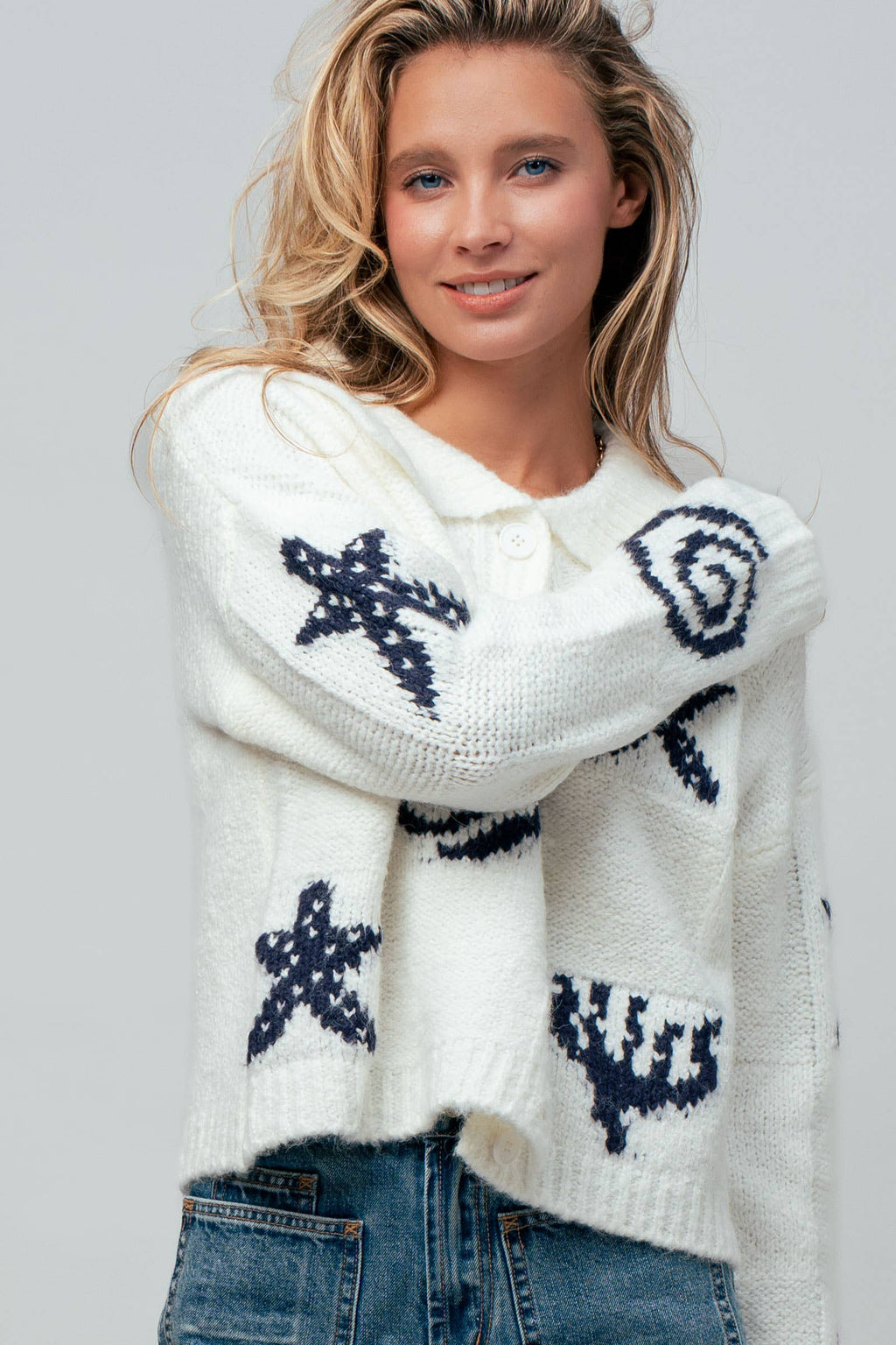 Nautical Sea Life Motif Collared Cardigan
