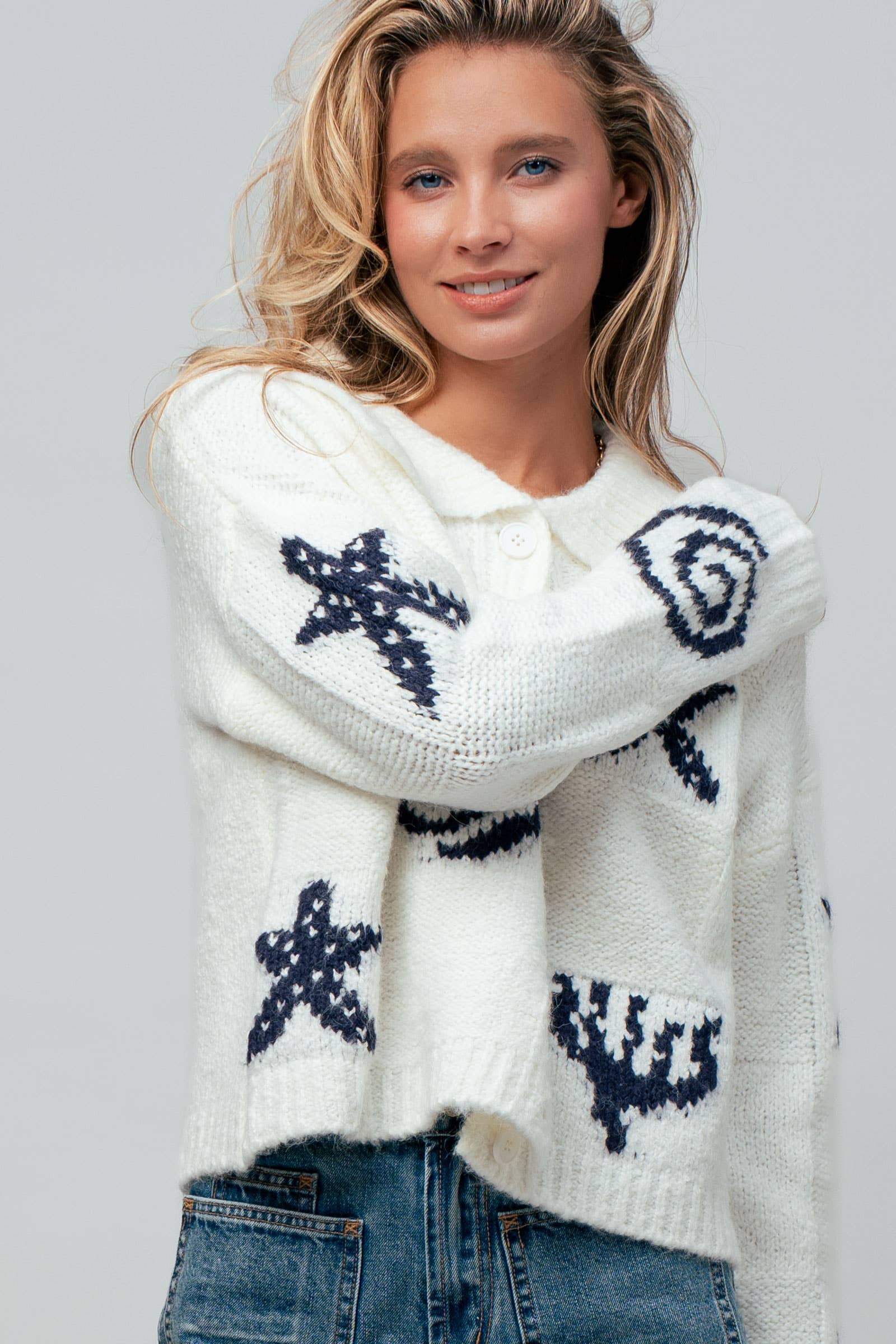 Nautical Sea Life Motif Collared Cardigan