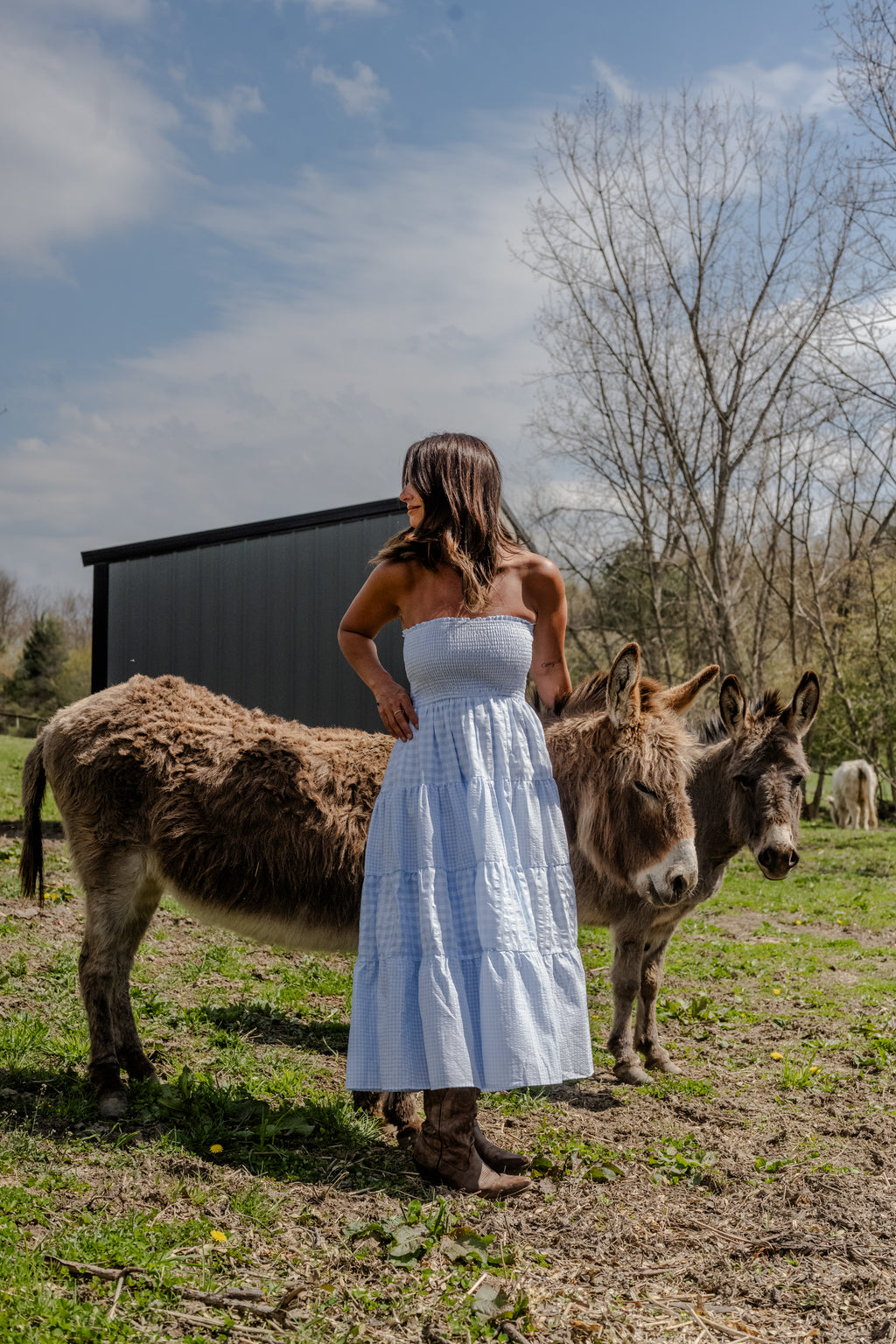 By Together Light Blue Gingham Midi Dress - Smocked Waist Sun Dress
