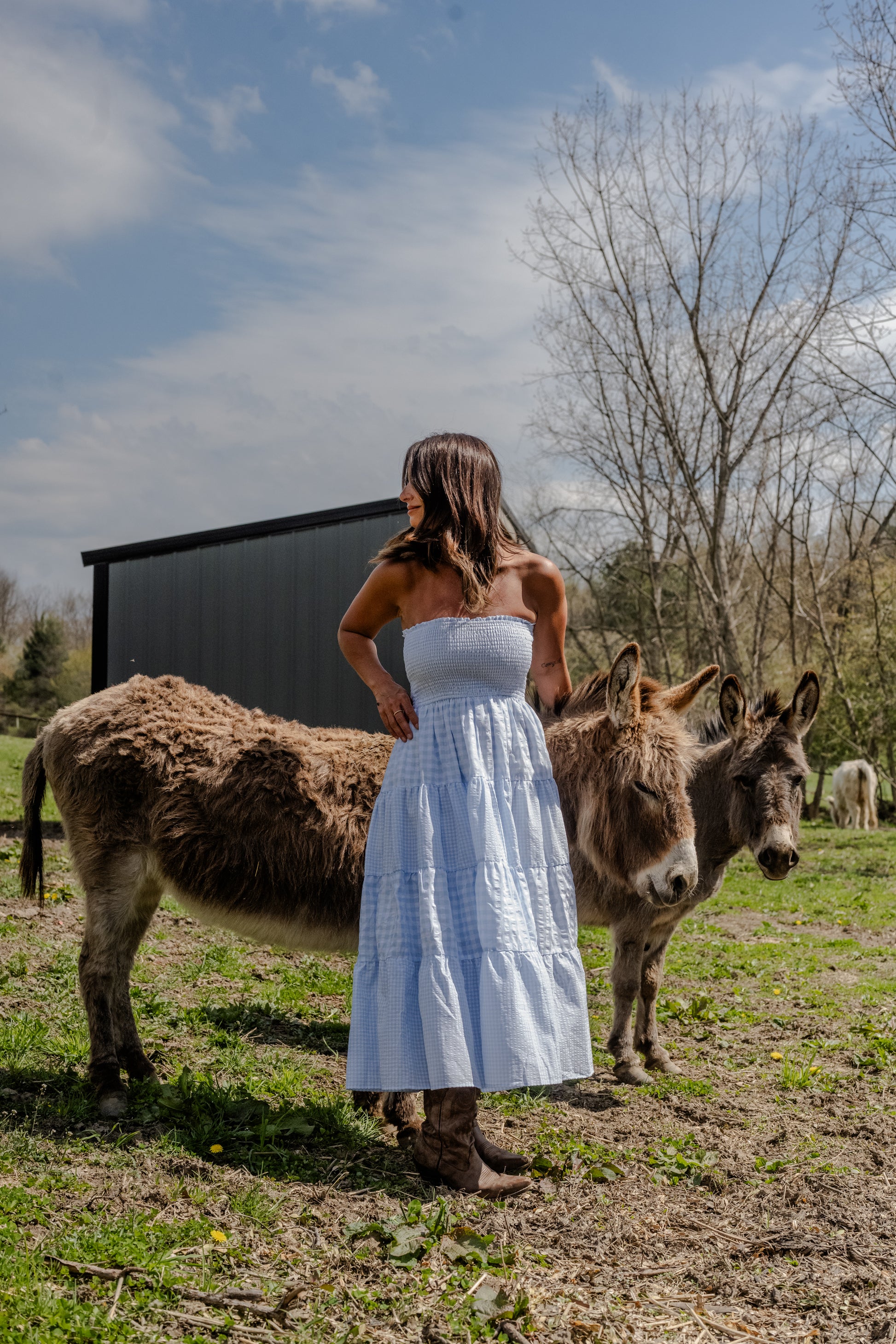 By Together Light Blue Gingham Midi Dress - Smocked Waist Sun Dress