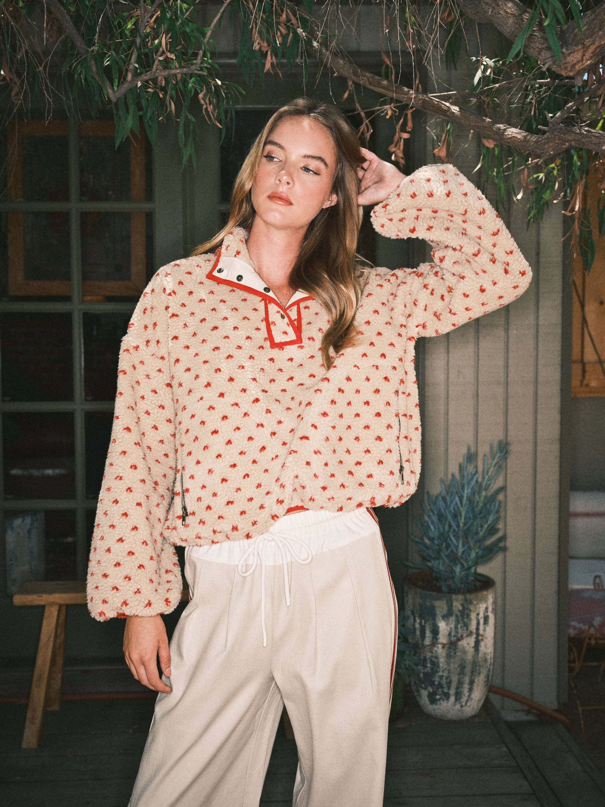 AJJ5366 HEART PRINT TEDDY BEAR PULLOVER JACKET