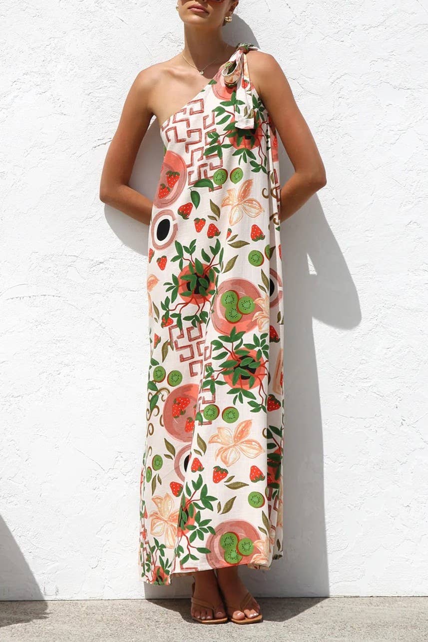 Floral botanical fruit print one shoulder dress