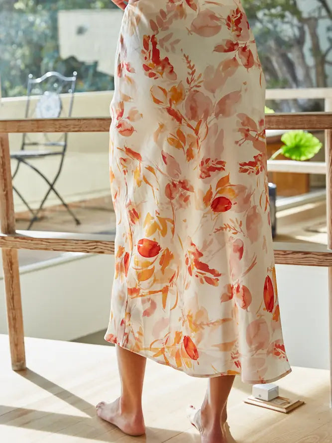 By Together Floral Midi Skirt - Ivory Orange Elastic Waist Skirt