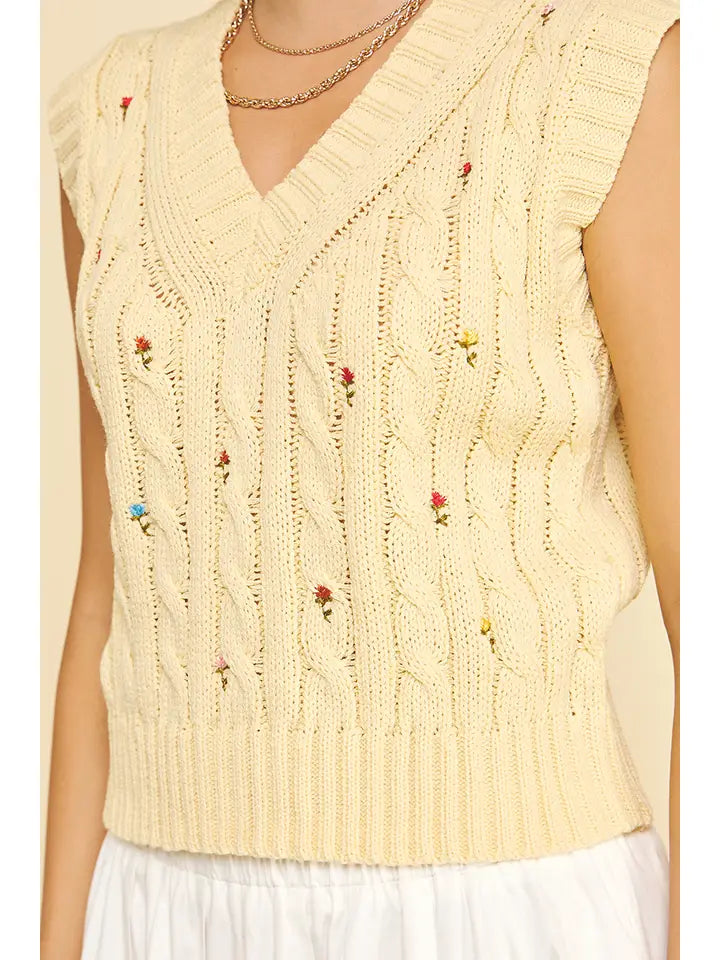 Floral Embroidered Cable Knit Sweater Vest