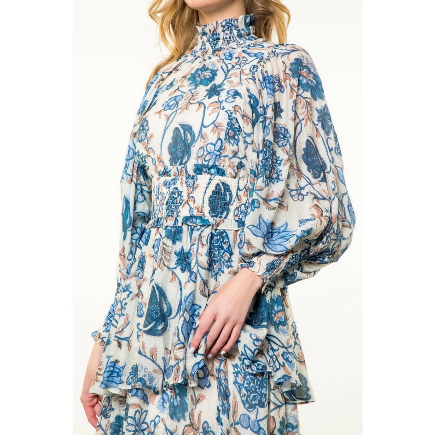 Smocked Waist Tiered Long Sleeve Dress