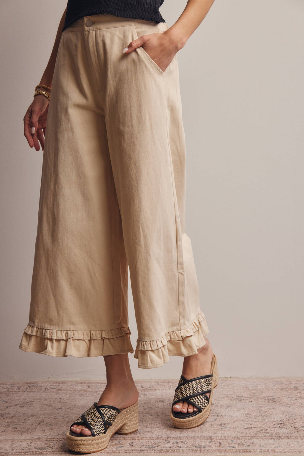 High-Waisted Wide-Leg Boho Pants with Ruffle Hem
