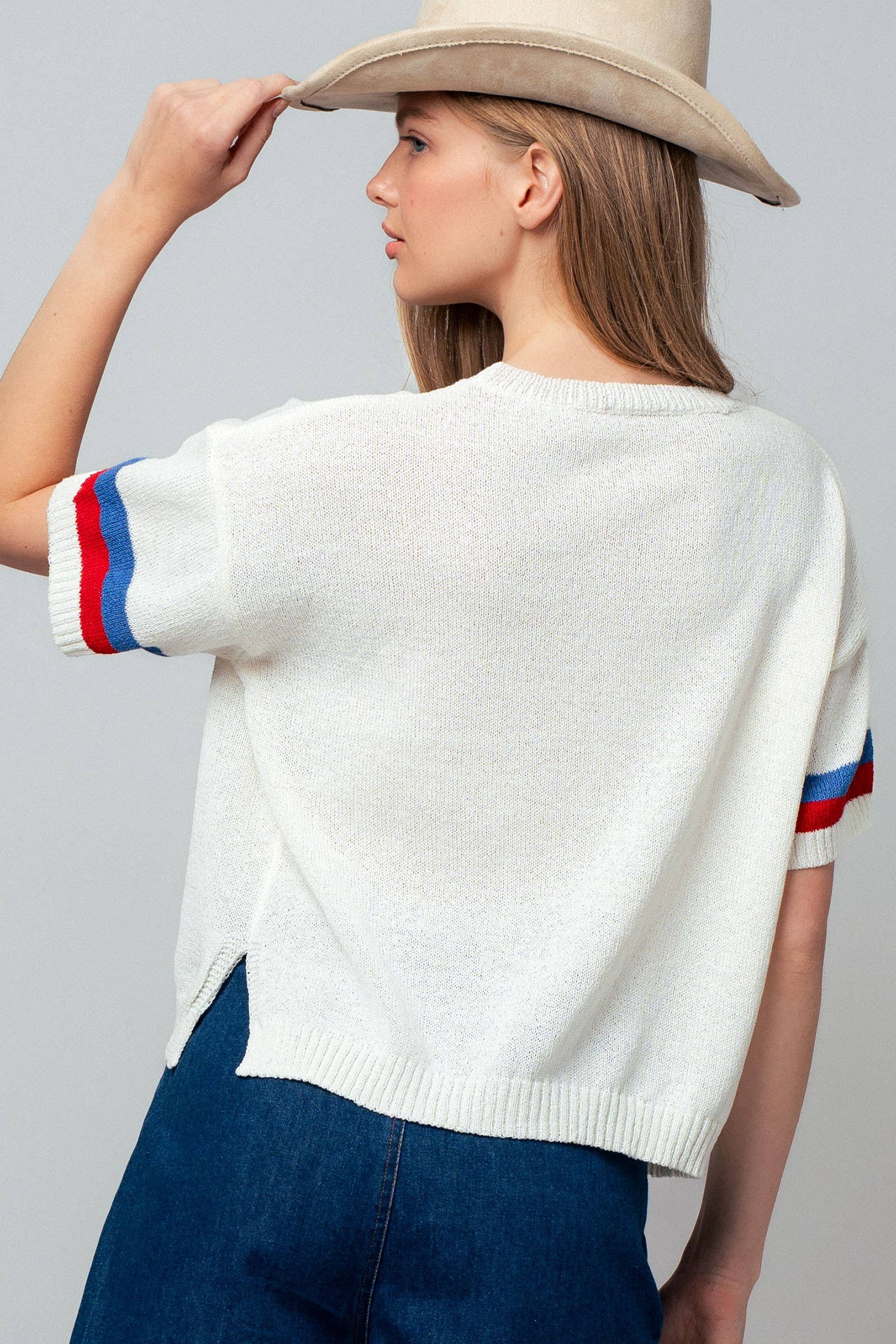 Flag Applique Knit Sweater with Stripe Cuffs