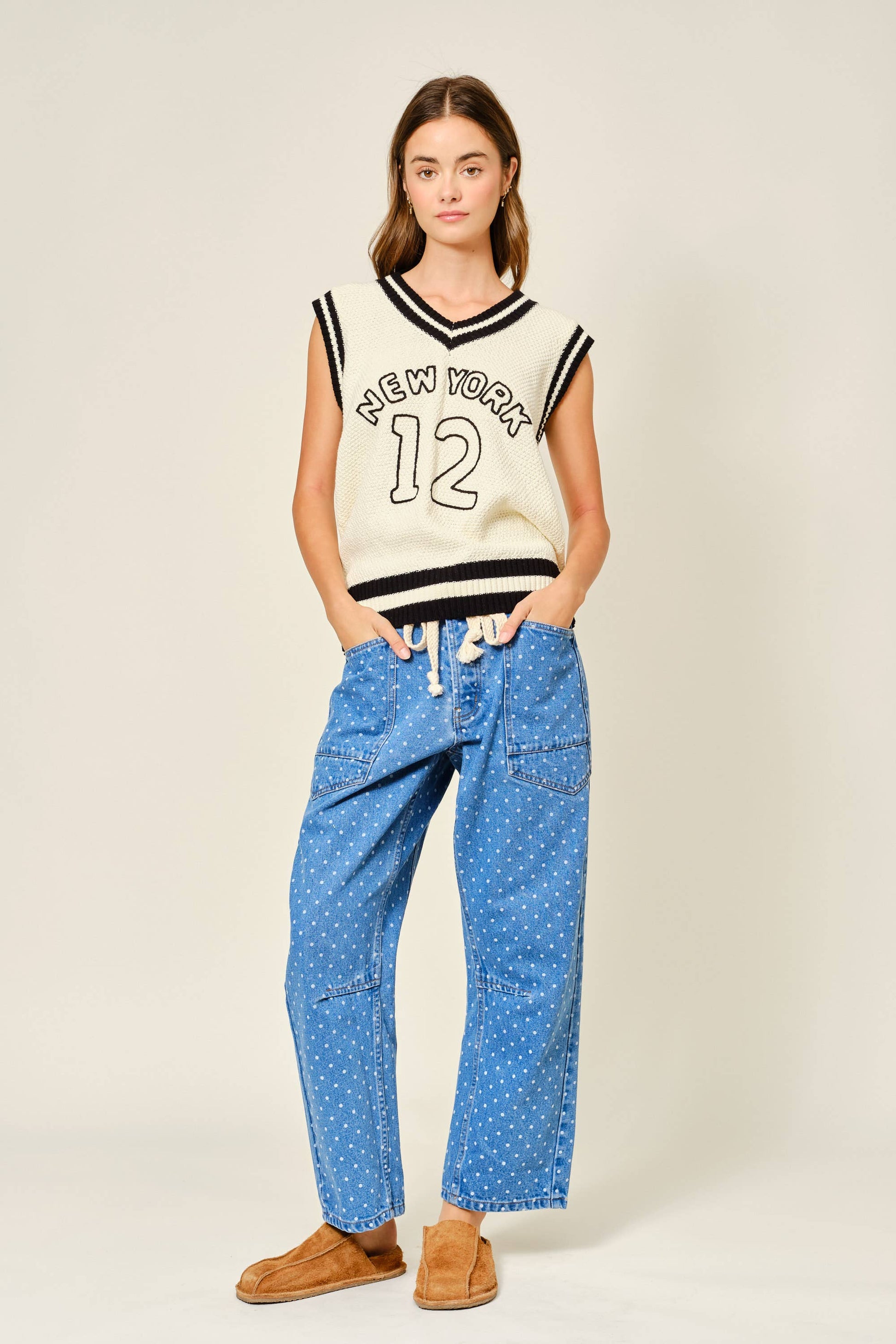 POLKA DOT DENIM BARREL PANTS