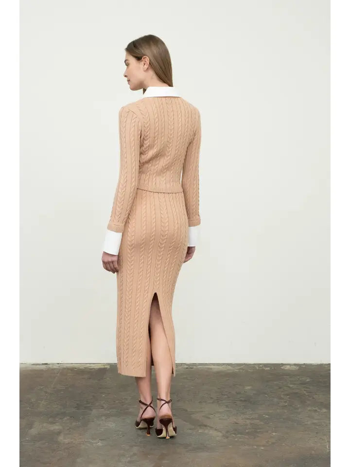 MIXED MEDIA CABLE KNIT LONG SLEEVE KNIT TOP