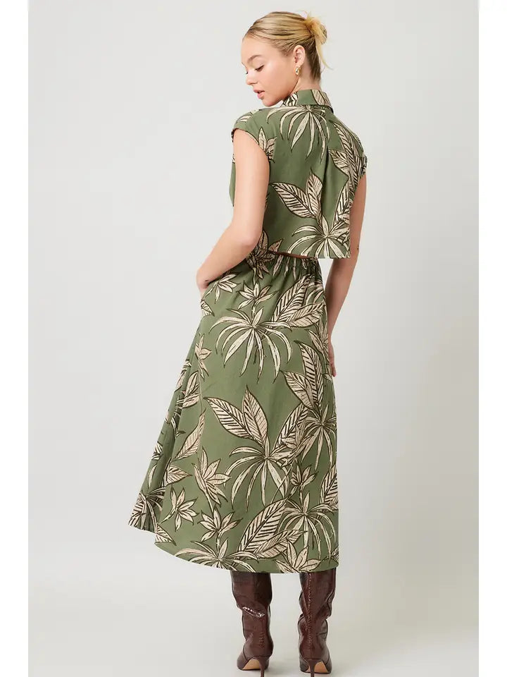 PRINTED LINEN CUT OUT BACK MIDI DRESS