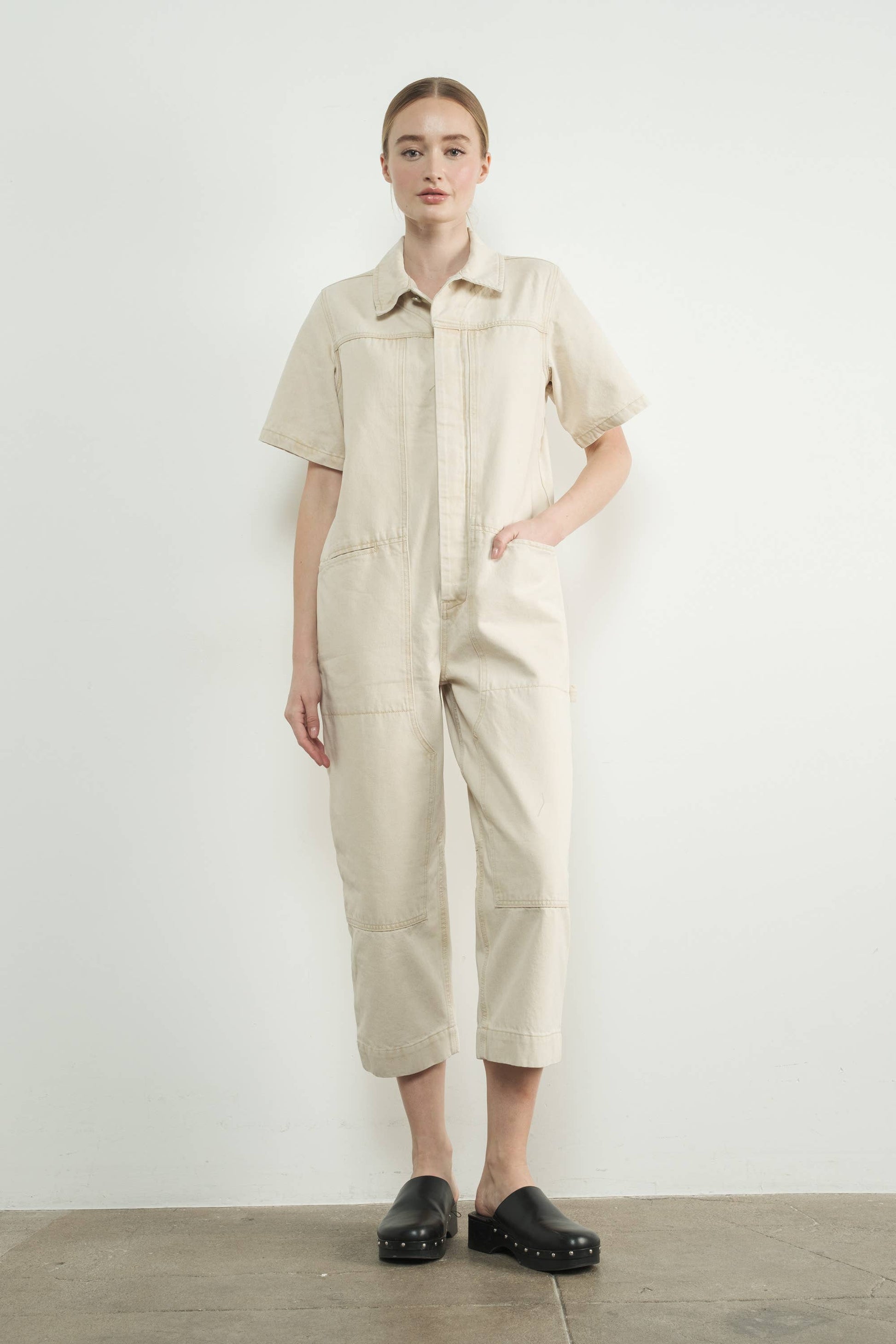 IVORY DENIM SHORT SLEEVES COLLARED JUMPSUIT