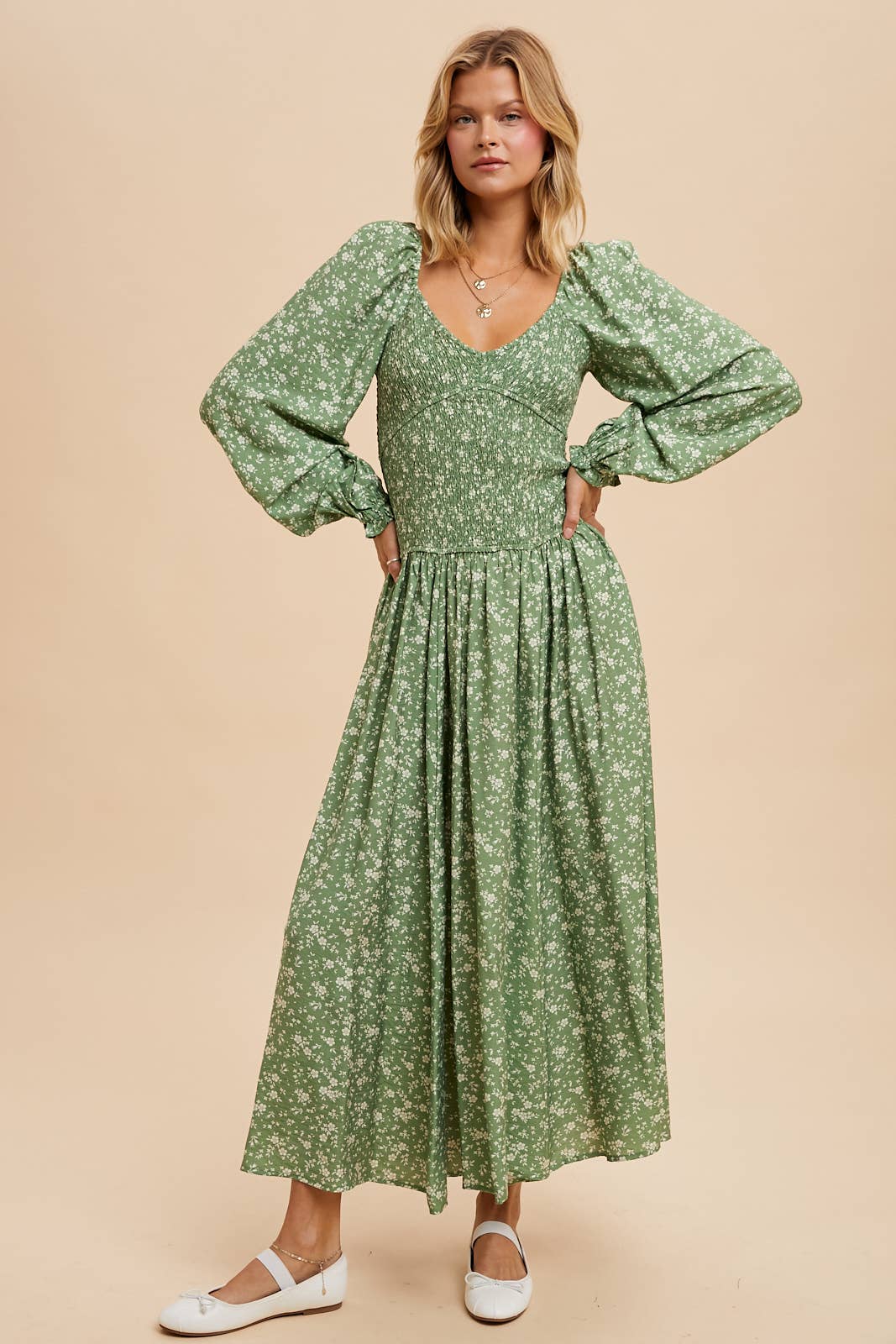 SMOCKED DROPWAIST MAXI DRESS