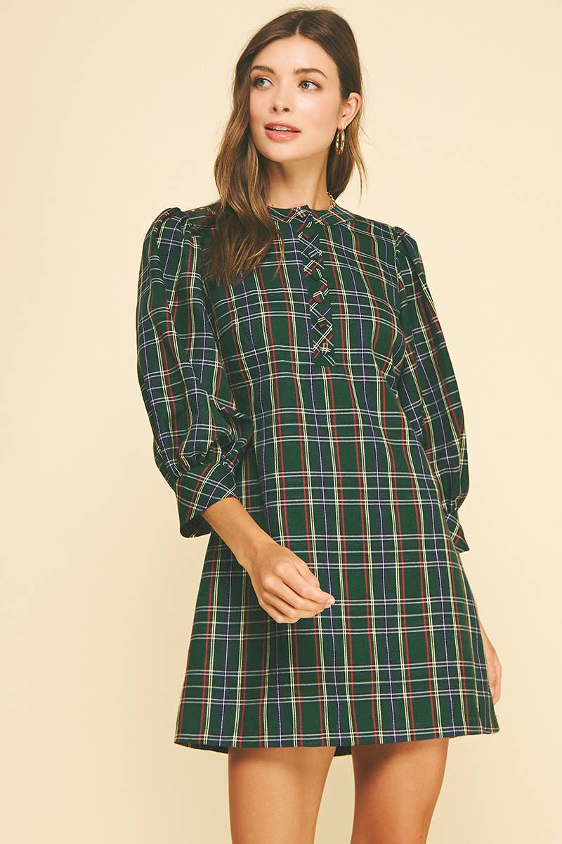 PLAID BUTTON DOWN MINI DRESS - DARK GREEN
