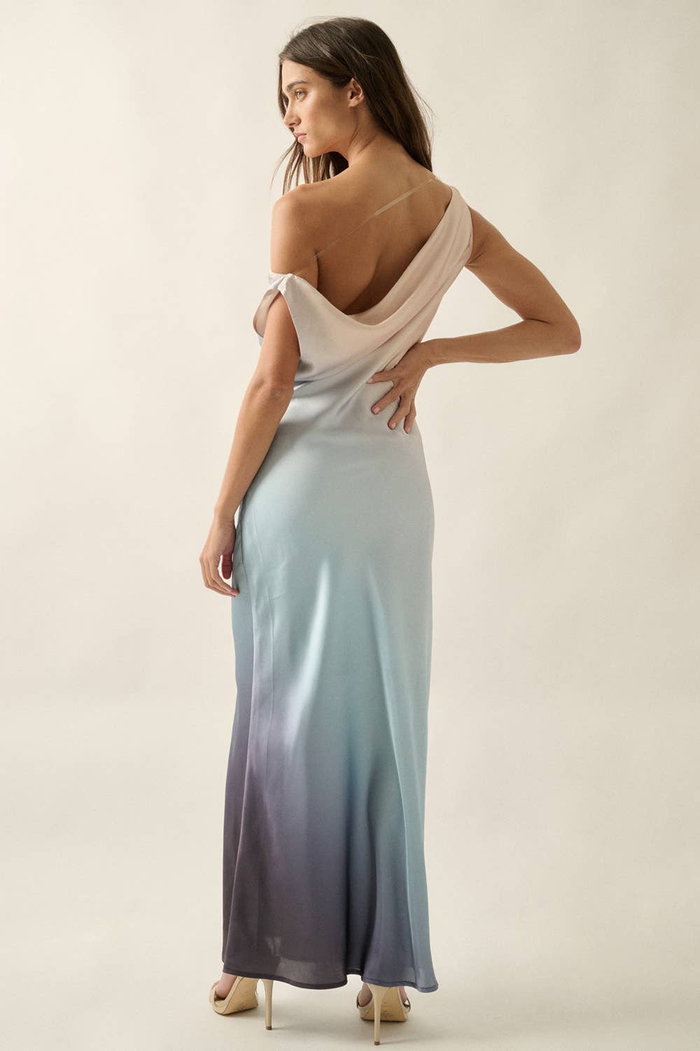 Ombre Satin Bias-Cut Sleeveless Cowl-Neck Maxi Dress